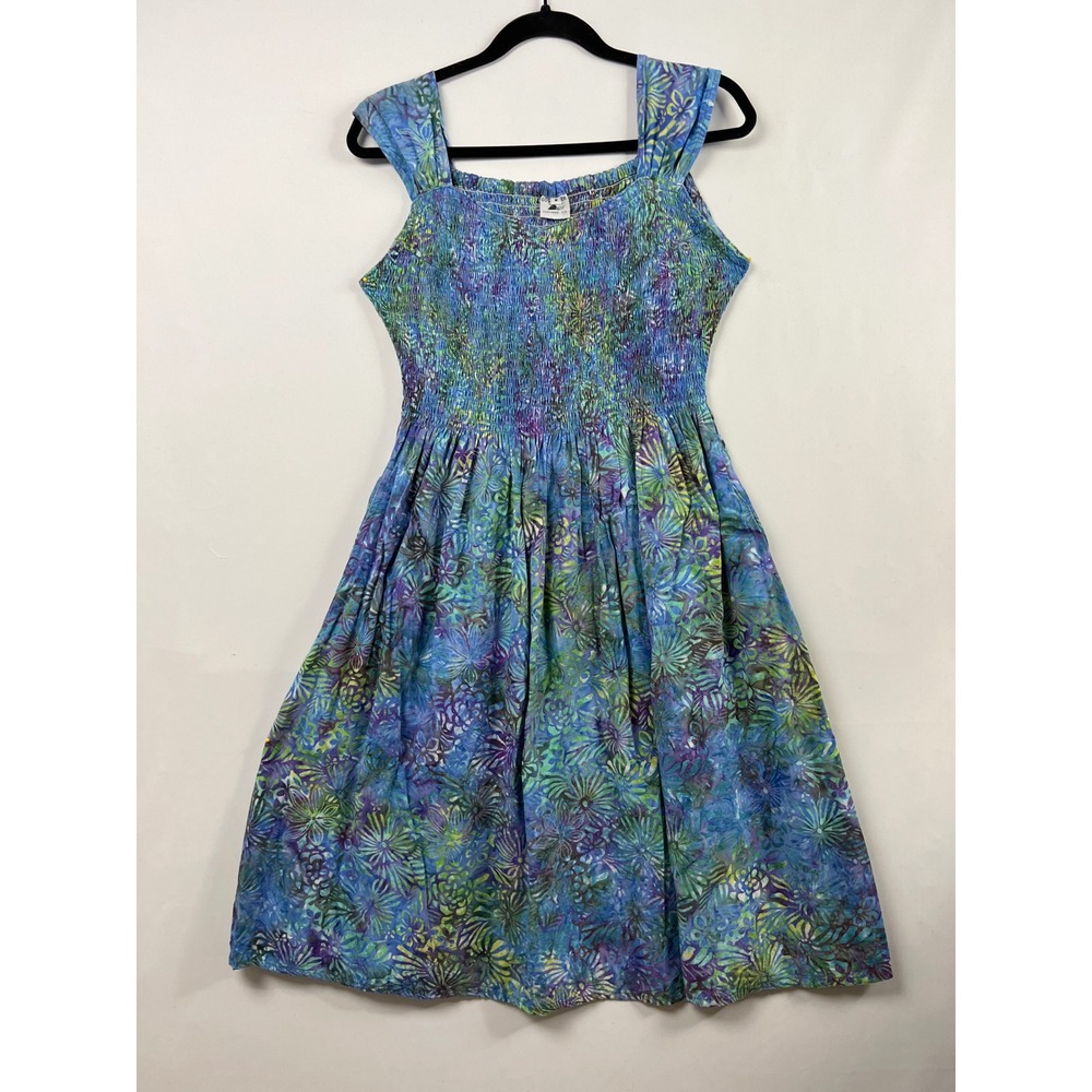 Lost River Clothing Co Batik Midi Dress Womens Medium Blue Smocked Pockets Rayon